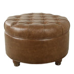 HomePop 25" Button Tufted Round Storage Ottoman - Brown Faux Leather - color: Light Brown