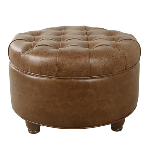 HomePop 25" Button Tufted Round Storage Ottoman - Brown Faux Leather - color: Light Brown