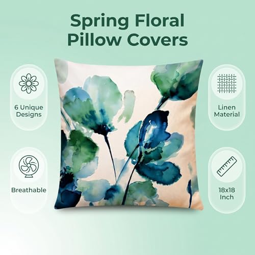COMMINY Blue Green Flower Pillow Covers 18x18 Inch Set of 6, Spring Summer Pillow Covers, Hydrangea Floral Throw Pillow Case for Couch Sofa Bed Decor, Indoor Decorative Cushion Cover - color: Blue Green Hydrangea Flower, size: 18" x 18" (Pack of 6)