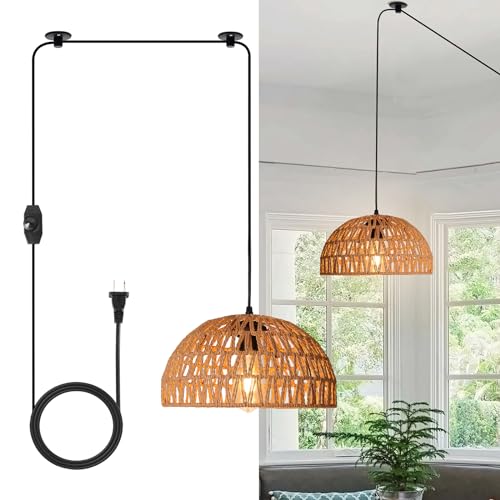 HuisMier Rattan Hanging Lamp Plug in Pendant Light with 15 Ft Plug in Cord, Wicker Woven Basket Lampshade Hanging Light with Dimmable Switch, Boho Plug in Pendant Light for Kitchen Farmhouse Bedroom - color: Rattan Natural