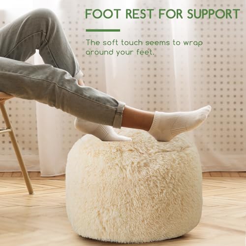 HIGOGOGO Round Stuffed Pouf Ottoman, Long Faux Fur Poufs with Foam Chunk Filling, Fluffy and Furry Pouf Foot Stool Storage Ottoman, 20 X 15 Floor Poufs Foot Rest for Living Room, Beige - color: Beige, size: 20"D x 20"W x 18"H