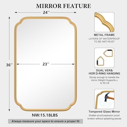 Ferytange Gold Bathroom Vanity Mirror for Wall 24" x 36" Modern Rounded Rectangle Mirror with Metal Framed Mirrors for Over Sink Wall Decorative (Horizontal/Vertical) - color: Gold, size: 36"L x 24"W