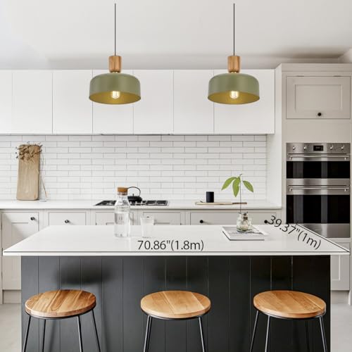 Contemporary Pendant Lighting,12 inch Pendant Lamp,Wood and Brass Accent,Adjustable Metal Hanging Light Fixture for Kitchen, Dining Room, Green - color: Deep Green