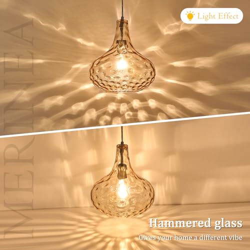 11" Amber Hammered Glass Pendant Light – Brushed Nickel Finish, Adjustable Hanging Cord, Modern Farmhouse Ceiling Light for Kitchen Island, Dining Room, Hallway - color: Amber