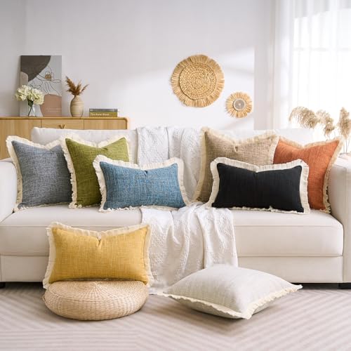 Boho Lumbar Pillow Covers 12x20 Pillow Cover Black Faux Linen Couch Rectangular Pillow Covers Soft Lumbar Cushion Cover with Tassels Farmhouse Cushion for Couch Sofa Bedroom Living Home Set of 2 - color: Black, size: 20" x 12" (Pack of 2)