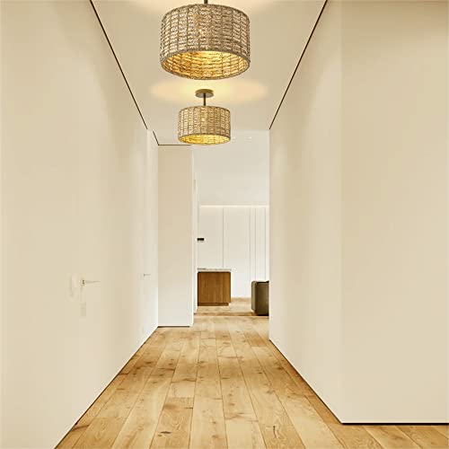 13"Rattan Ceiling Light Fixture Flush Mount, 2-Light Boho Rattan Hand-Woven Ceiling Light Fixtures Drum Wicker Chandelier Light Fixture for Dining Room Bedroom Living Room Hallway Foyer Kitchen - color: 13”Brown