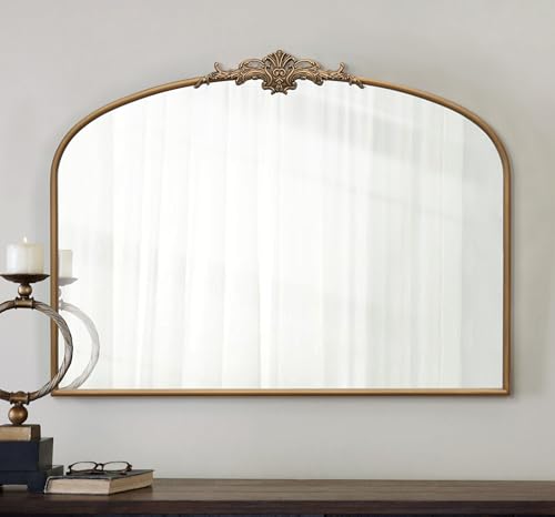 Besdomus Vintage Arched Gold Mirror: 40"x29" French Large Brass Antique Wall Vanity Mirror - Decorative Baroque Traditional Ornate for Entryway/Fireplace/Bathroom/Bedroom - Ideal for Home Renovations - color: Brass Gold, size: 29"L x 40"W