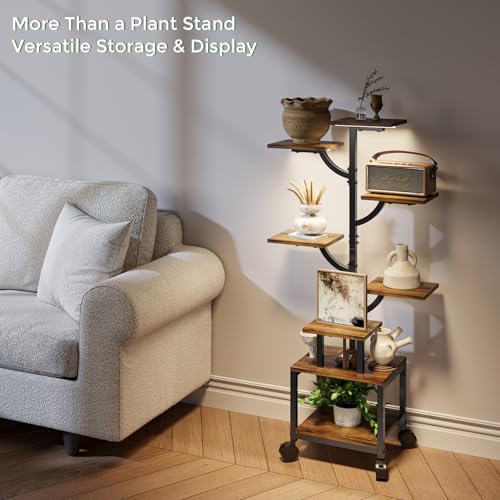 Plant Stand Indoor with Grow Lights - 7-Tier Plant Stand with Wheels, Tall Metal and Wood Indoor Plant Shelf with Tree Design, Rolling Flower Pot Holder Rack with Waterproof Finish, Adjustable Display Stand for Home Garden, Patio, 41" Tall - size: 41in