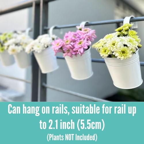 LaLaGreen Hanging Planters - 10 Pack, 4 Inch Balcony Railing Hanging Herb Garden Wall White Metal Bucket Fence Planter for Outdoor Plants Flower Pot Deck Rail Porch Window Box Hooks Macetas Colgante - size: 4 Inch (White)