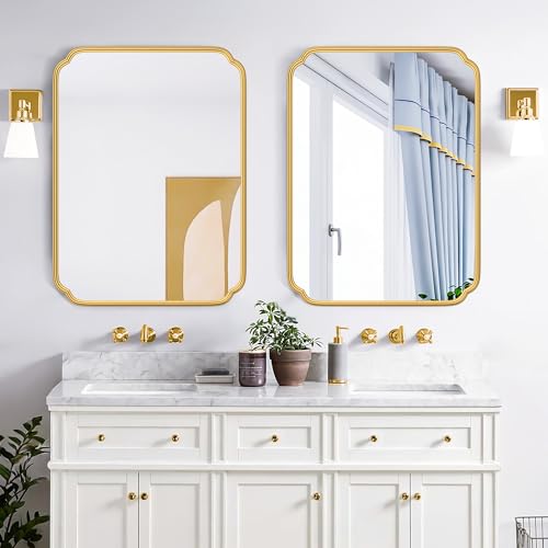 Ferytange 28"x36" Gold Bathroom Mirror with Rustproof Metal Frame, Modern Rounded Corner Wall Mirror for Vanity Over Sink, Horizontal/Vertical Hanging - color: Gold, size: 36"L x 28"W