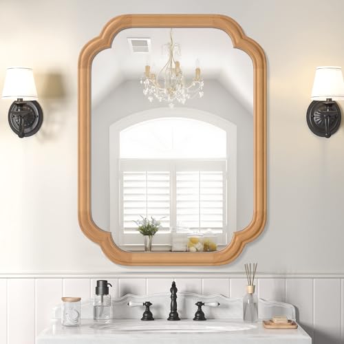Ferytange Natural Wood Framed Mirror,18X24 Inch Bathroom Mirror for Over Sink Modern Rounded Corner Rectangle Wall Mounted Mirror (Horizontal/Vertical) - color: Natural Wood, size: 24"L x 18"W