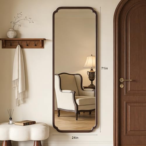 HOMECOOKIN Full Length Mirror Wall Mounted, Rustic Wooden Frame Floor Mirror, Rounded Corner Large Full Body Mirror for Bedroom,Dressing Room， Leaning or Hanging Against Wall (Walnut, 71" L x 24" W) - color: Walnut, size: 71"L x 24"W