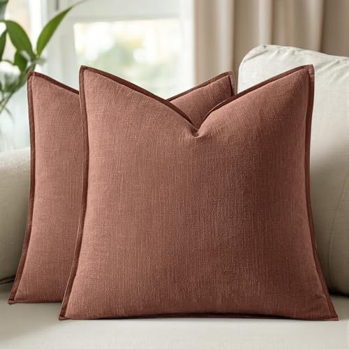 Decorative Linen Solid Throw Pillow Covers 18x18 Inch Set of 2 Rust Red Boho Accent Farmhouse Pillows Modern Neutral Home Decor for Couch Sofa Living Room Bed - color: Autumn Glaze, size: 18" x 18" (Pack of 2)