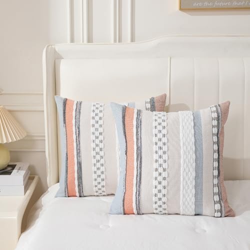 Boho Pillow Covers 18x18 Set of 2 for Couch-Modern Farmhouse Sofa Decorative Throw Pillow Covers Textured Chenille Cushion Covers Outdoor Netural Bohemian Pillow Cases Square - color: Orange-blue Stripe