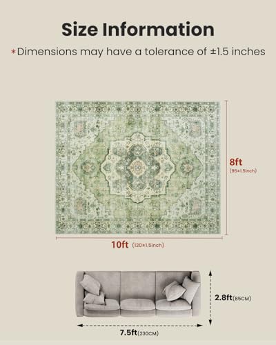 AMADA HOMEFURNISHING 8x10 Area Rug, Washable Low-Profile Large Area Rug with Non-Slip Backing & Durable Edge Binding, Vintage Large Rugs for Living Room, Bedroom - color: Green, size: 8' x 10' (Rectangular)