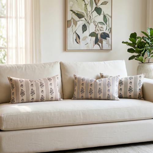Amor Virisso Floral Throw Pillow Covers 12 x 20 Set of 2 Block Print Pillow Covers Neutral Floral Striped Farmhouse Decorative Pillow Covers for Sofa Couch Bed, Brown - color: Brown, size: 20" x 12" (Pack of 2)