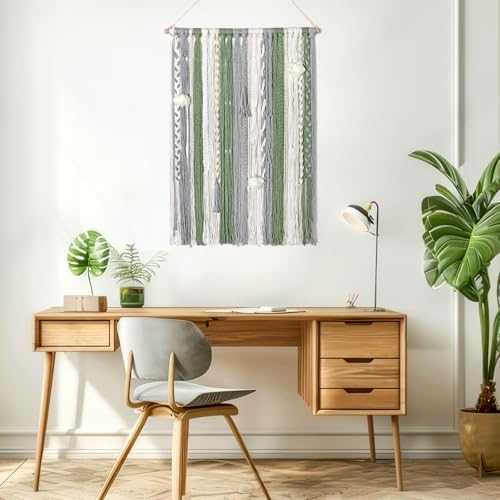 LOMOHOO Large Macrame Wall Hanging Boho Chic Home Decor, Green Gray Beige Yarn Tassel Woven Fringe Handmade Wall Art Decoration for Bedroom Living Room, Gift for Friend Girls Adults 23.6" Wx 34" L - color: Fringe Tassels
