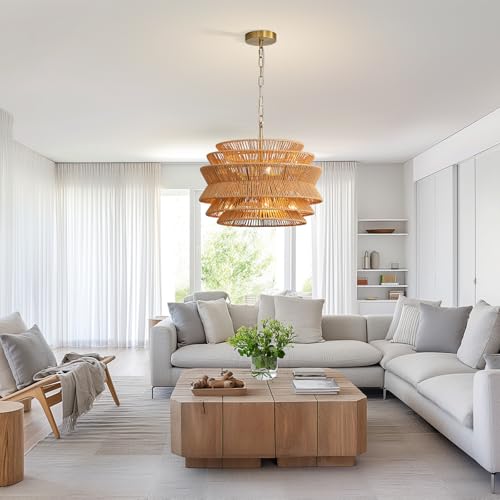 6-Light Boho Rattan Chandelier, 17.7 inch Hand Woven Farmhouse Hanging Light Fixture, Rustic Woven Ceiling Lamp for Kitchen Island, Dining Room, Living Room & Foyer - color: 17.7" Brown