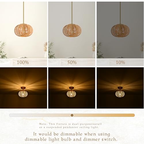 Mini Rattan Pendant Light Hemp Rope Rattan Light Fixture Woven Pendant Wicker Chandelier Boho Chandelier for Bedroom Kitchen Island - color: 8.7" Natural