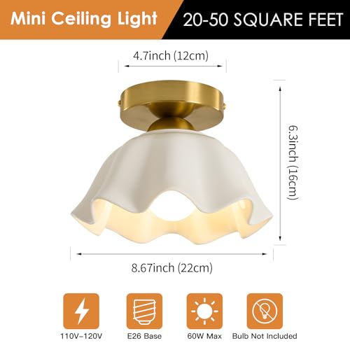 Glaze Ceramic Semi Flush Mount Ceiling Light - 2 Pack, Vintage Gold Hallway Light Fixtures, Flower White Globe Ceiling Lights, Mid Century Small Light Fixture for Cottage Entryway Laundry Room Foyer - color: Glaze Flower Ceramic-Gold