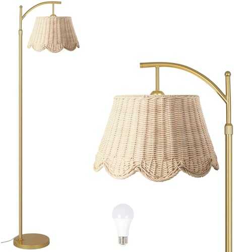 Arc Floor Lamp for Living Room，Rattan Boho Floor Lamp with Hand-Woven Wicker Shade, Foot Switch, Gold/Silvery Metal Base & Pole,Standing Lamp for Bedroom (Gold) - color: Gold&Off White