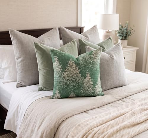 SanVia Cotton Throw Pillow Covers 20x20 – Handwoven Jacquard Texture, Fade-Resistant, No Pilling – Hidden Zipper, Decorative Cushion Cover for Sofa, Couch, Bed – Insert Not Included (Floral, Green) - color: Moss & Snow, size: 20" x 20"