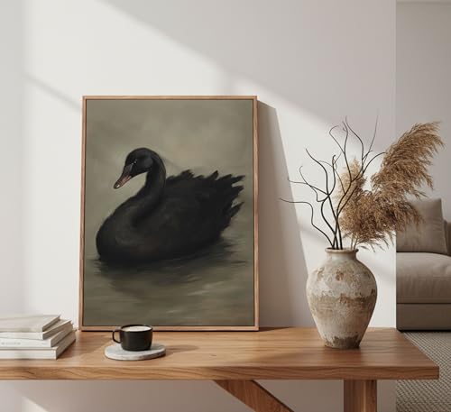 Framed Vintage Black Swan Canvas Wall Art Moody Animal Picture Dark Victorian Gothic Aesthetic Poster Print Rustic Farmhouse Antique Painting Wall Decor for Living Room Bedroom Kitchen 16x24in - color: Black Swan, size: 24"L x 16"W