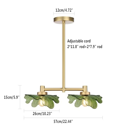 2 Light Green Glass Pendant Light Adjustable Hanging Lamp | Leaf Glass Linear Pendant Light, Adjustable Gold Metal Rod, E26 Socket For Kitchen Island Dining Room - color: Green, 2 Light
