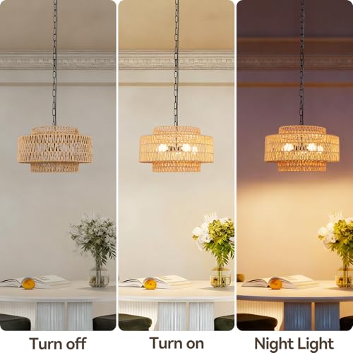 24" Large Rattan Chandelier, 6-Light Boho Dining Room Light Fixture Over Table, Natural Handwoven Wicker Pendant Lamp for Living Room, Coastal Farmhouse Hanging Ceiling Light - color: Beige-W60cm