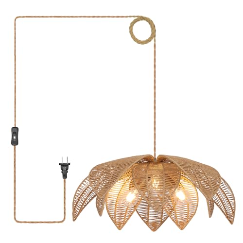Rattan Plug in Pendant Light with 15FT Hemp Rope Cord Boho Light Fixture Can accommodate 3*E26 Bulbs of Woven Wicker Chandelier for Living Room Bedroom Dinning