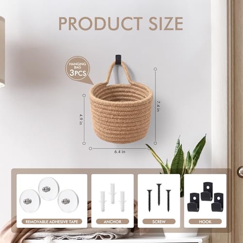 Fabric Wall Hanging Baskets - 3Pack Woven Pouchs Boho Style Wall Mounted Bag with Adhesive Hooks, Storage Organizers and Decoration Pocket Caddy Bins on Door Rack (Linen & Black, Large) - color: Linen & Black