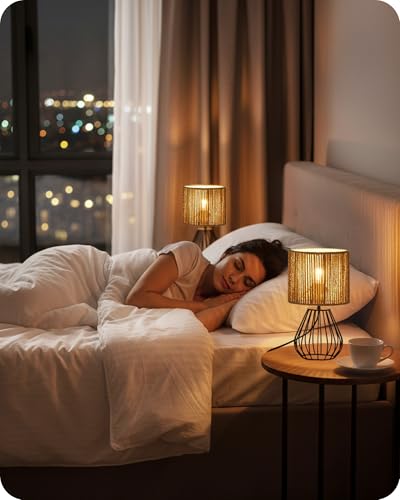 Rattan Table Lamp, Boho Table Lamp, Small Bedside Lamp, Handwoven Paper Lampshade, 2700K LED Bulb Included, Boho Desk Lamp, Modern Nightstand Lamp for Bedroom, Living Room, Striped SW06TL05 - color: Striped + Black