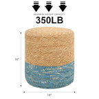 16'' Round Ottoman Natural Seagrass Braided Poof Hand Weaving Round Ottomans Boho Footrest Stool for Home Living Room Bedroom Patio(Natural&Blue)