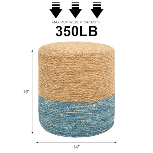 16'' Round Ottoman Natural Seagrass Braided Poof Hand Weaving Round Ottomans Boho Footrest Stool for Home Living Room Bedroom Patio(Natural&Blue)