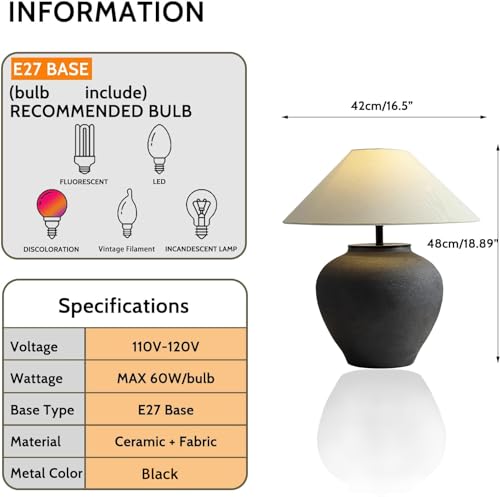 Farmhouse Table Lamps Black 18.8" Tall Ceramic Table Lamp Rustic Southwestern Clay Pot Ceramic Lampshade with Fabric Shade Bedside Nightstand for Living Room Bedroom House Office Entryway (Black) - color: Black