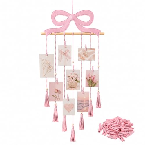 Pink Bow Hanging Photo Display Pink Bow Wall Decor Macrame Wall Hanging Coquette Picture Holder with 30 Clips for Teenage Girl Gift Room Decor Bedroom Graduation Wedding Coquette Party - color: Pink, style: Pink Bow