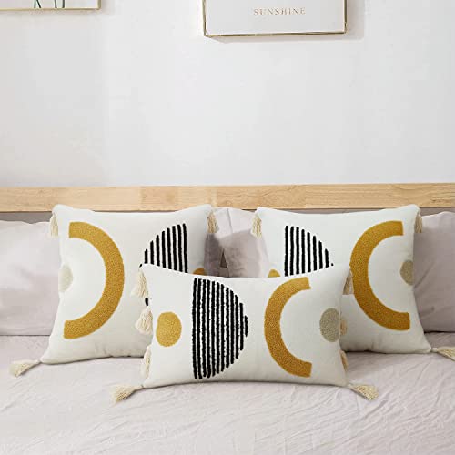 Merrycolor Boho Throw Pillow Covers with Tassels 18x18 Yellow Mid Century Modern Throw Pillows Geometric Decorative Abstract Pillow Cases Textured Boho Accent Pillows for Bed Couch Living Room,1PC - color: Geometric, size: 18" x 18" (Pack of 1)