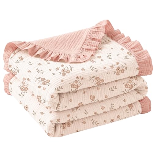 Konssy Flounce Muslin Baby Blanket for Girls Boys 47 x 47 Inches, 100% Cotton Soft Crib Swaddle Blankets, Reversible & Breathable Nursery Bedding for Newborns Toddlers (Blossom) - color: Blossom, size: 47"x47"