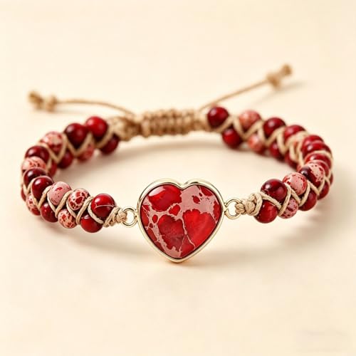 Women Boho Wrap Bracelet,Handmade Natural Stone Crystal Emperor Beads Heart Bracelet, Fashion Bohemian Jewelry Gift for Women - color: Red #2