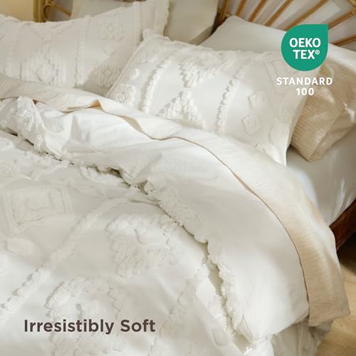 Bedsure Boho Duvet Cover Queen Size - Tufted Boho Bedding, Farmhouse-Style Distressed Vintage Embroidery Bedding for All Seasons, 3 Pieces, 1 Soft Jacquard Queen Comforter Cover and 2 Pillow Shams - color: 09 - White Tufted (No Comforter), size: Queen (90
