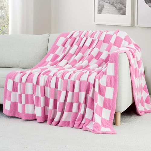 Carriediosa Checkered Throw Blanket 90" X 90" Queen, 400GSM Ultra Soft Microfiber Fuzzy Fluffy Reversible Cute Preppy Knitted Blankets Cozy Plush Fall Throws for Couch, Bed, Sofa, Hot Pink - color: Check - Hot Pink, size: 90" X 90"