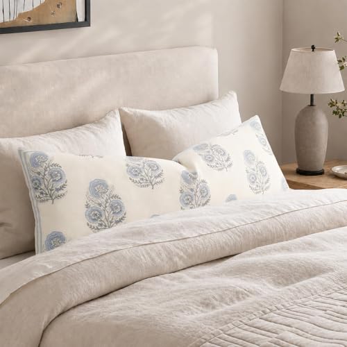Vintage Floral 14x36 Lumbar Pillow Cover for Bed Pack of 1, Double-Sided Botanical Print Decorative Long Pillowcase Farmhouse Cushion Cover for Sofa Couch Living Bed Room, Light Blue (Cover Only) - color: Light Blue, size: 36" x 14" (Pack of 1)