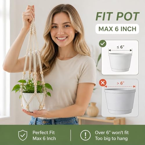 Macrame Plant Hanger 23", Set of 2 No Tassel Hanging Plant Holder Indoor, Sturdy Flower Pot Holder with 4 Hooks - Ivory (Pot NOT Included) - color: Ivory, size: 23"-2pcs