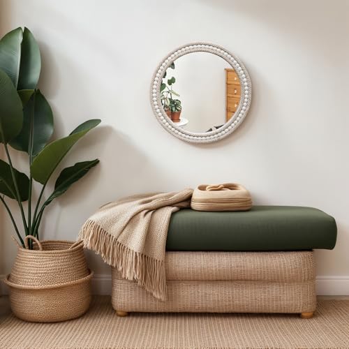 Boho Round Beaded Wall Mirror - 16 Inch Decorative Rope-Wrapped Circle Mirrors for Bathroom Living Room Entryway