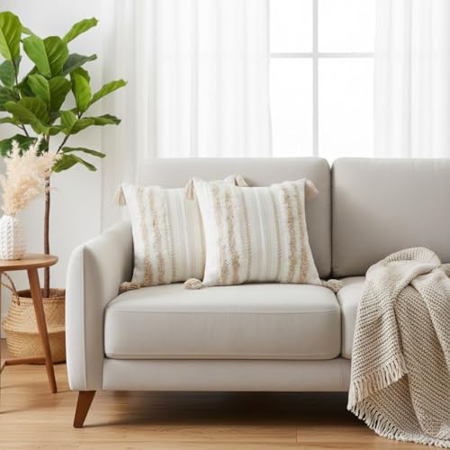 decorUhome Summer Decorative Boho Throw Pillow Cover 18x18, Accent Neutral Textured Tufted Pillow Cover Striped for Couch Bed Sofa, Khaki and Cream White, Pack of 1 - color: Khaki and Cream White, size: 18" x 18" (Pack of 1)