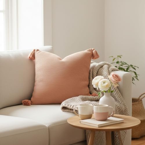 18x18 Ribbed Knit Throw Pillow Cover with Tassel Corners – Soft Pink Clay Valentine’s Day Gift – Evocative Earthy Decor for an Elevated Space - color: Pink Clay, size: 18" x 18" (Pack of 1)
