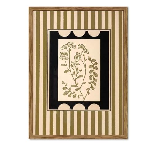Vintage Boho Floral Wall Art Modern Botanical Flower Wall Decor Painting, Mid Century Plant Striped Poster Canvas Print Picture for Living Room Bedroom 12x16 inch Wood Framed - color: Floral D, size: 16"L x 12"W