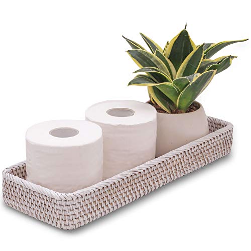 Rattan Toilet Tank Basket Guest Towel Napkin Woven Holder for Serving Organizing Bread Shelves Bathroom Counter Organizers and Storage Decorative Wicker Tray (17 x 6 x 2 inches, White Wash)