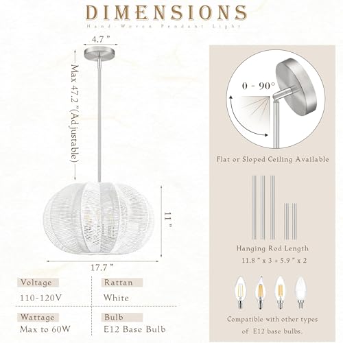 17.7 Inch Rattan Pendant Light White Hemp Rope Rattan Light Fixture Wicker Chandelier Woven Pendant 3-Light Boho Chandelier for Kitchen Island - color: 17.7" White