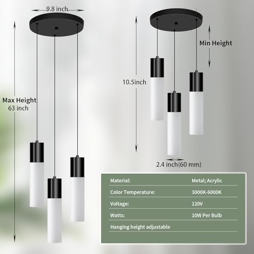 Cluster Black Pendant Lighting Fixture 3-Light Modern Hanging Dining Table Light with Milky White Lampshade LED Pendant Lights for Kitchen Island Dining Room Adjustable Height, 3000K-6000K - color: Black, size: 3-Light 1-Pack